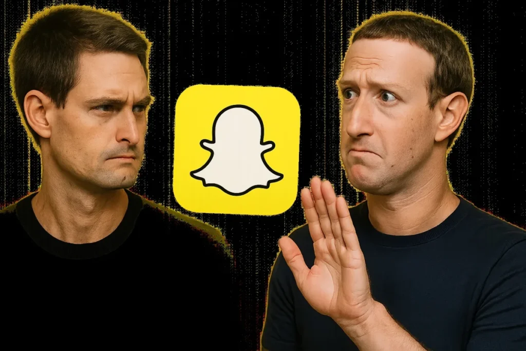 Evan Spiegel and Mark Zuckerberg on either side of the Snapchat logo