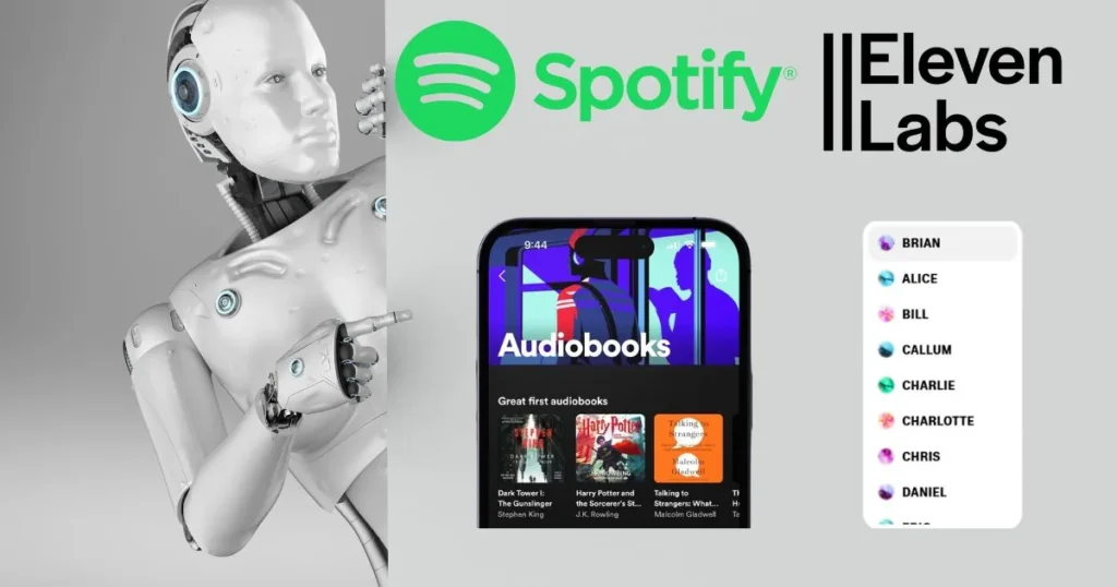 Robot humanoide junto a los logotipos de Spotify y ElevenLabs y una app de audiolibros