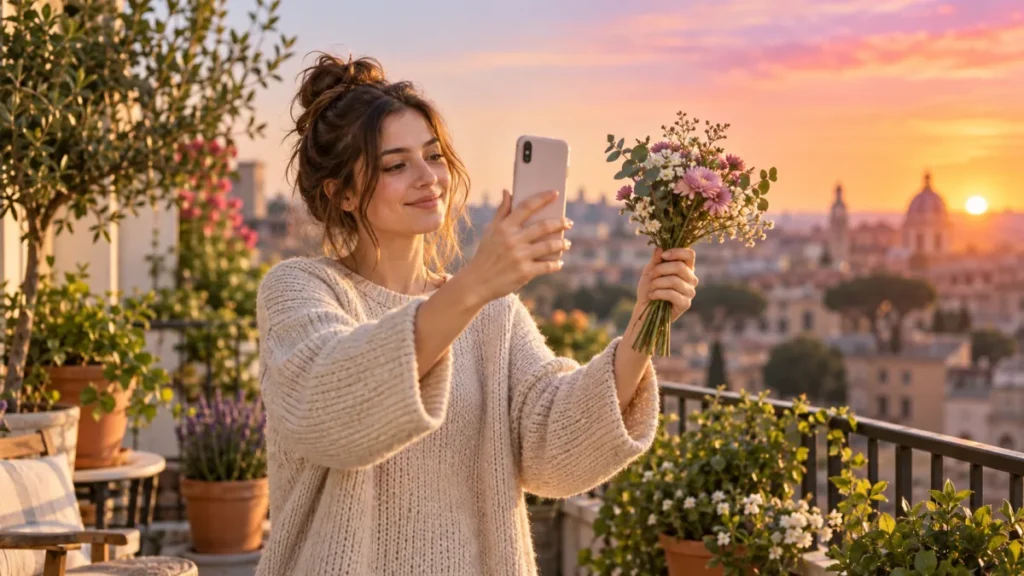 Een jonge vrouw filmt op een zonnig balkon een bos bloemen met haar smartphone rechtop.
