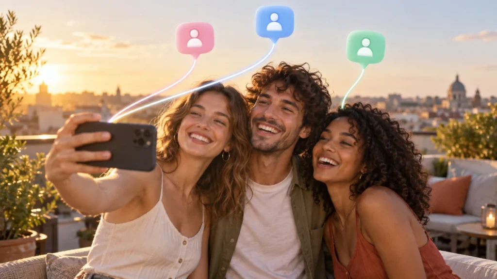 Trois amis sur une terrasse au soleil pris en photo au smartphone, avec une bulle d'identification au-dessus de chacun