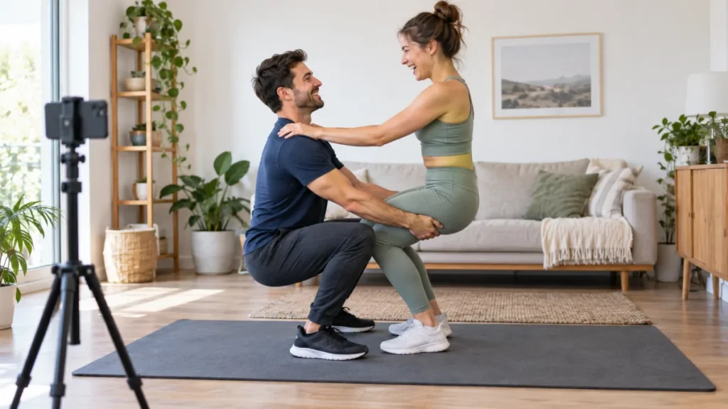 Een lachend stel bereidt de stoelchallenge voor op een sportmat, voor een smartphone op een statief.