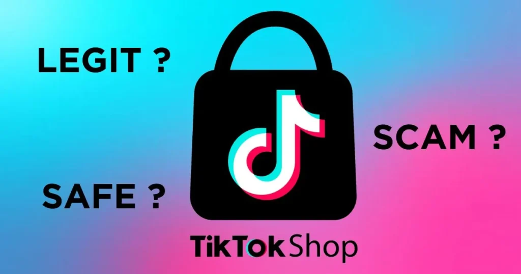 TikTok Shop shopping bag surrounded by the words legit, scam and safe