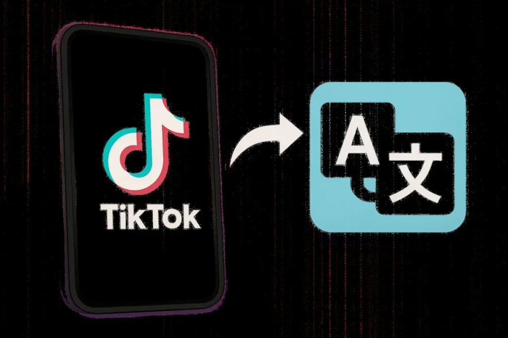 Telefoon met TikTok gekoppeld aan een vertaalicoon