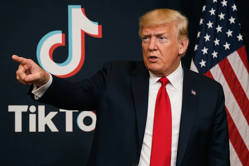 Donald Trump die wijst voor het TikTok-logo en de Amerikaanse vlag