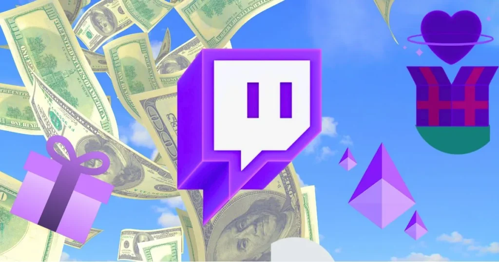 Logotipo de Twitch rodeado de billetes y regalos