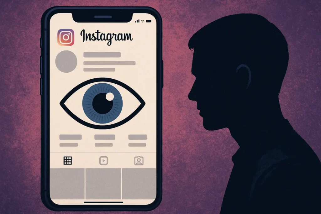 Ilustración de un perfil de Instagram con un gran ojo y una silueta