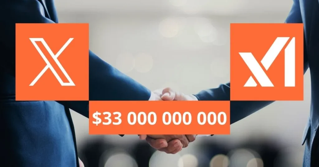 Stretta di mano tra i loghi di X e xAI con la cifra di 33 miliardi di dollari