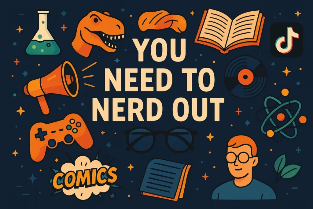 Ilustración de pasiones frikis: dinosaurio, libros, mando de videojuegos, cómics y ciencia