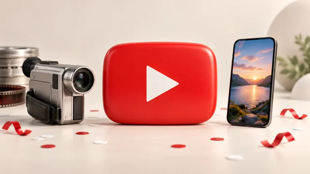 A red 3D play button stands between a camcorder and a smartphone, with a few scattered confetti pieces.