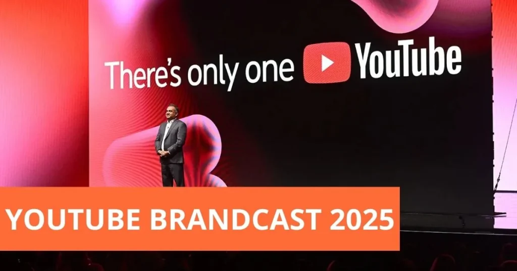 YouTube Brandcast 2025 stage with a speaker in front of the YouTube logo