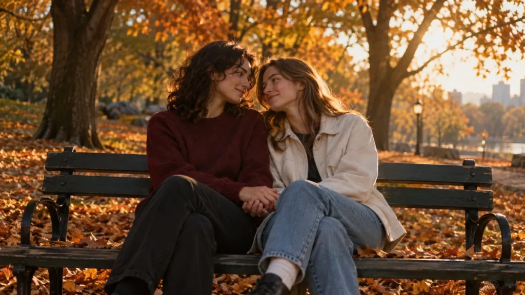 Deux jeunes femmes assises sur un banc de parc, au milieu des feuilles d'automne, au coucher du soleil.